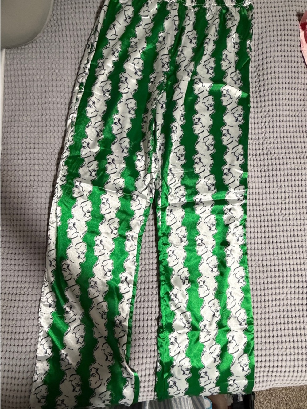 Patrick Church Unisex Green and White Patterned Satin Lounge Set: Top and Pants